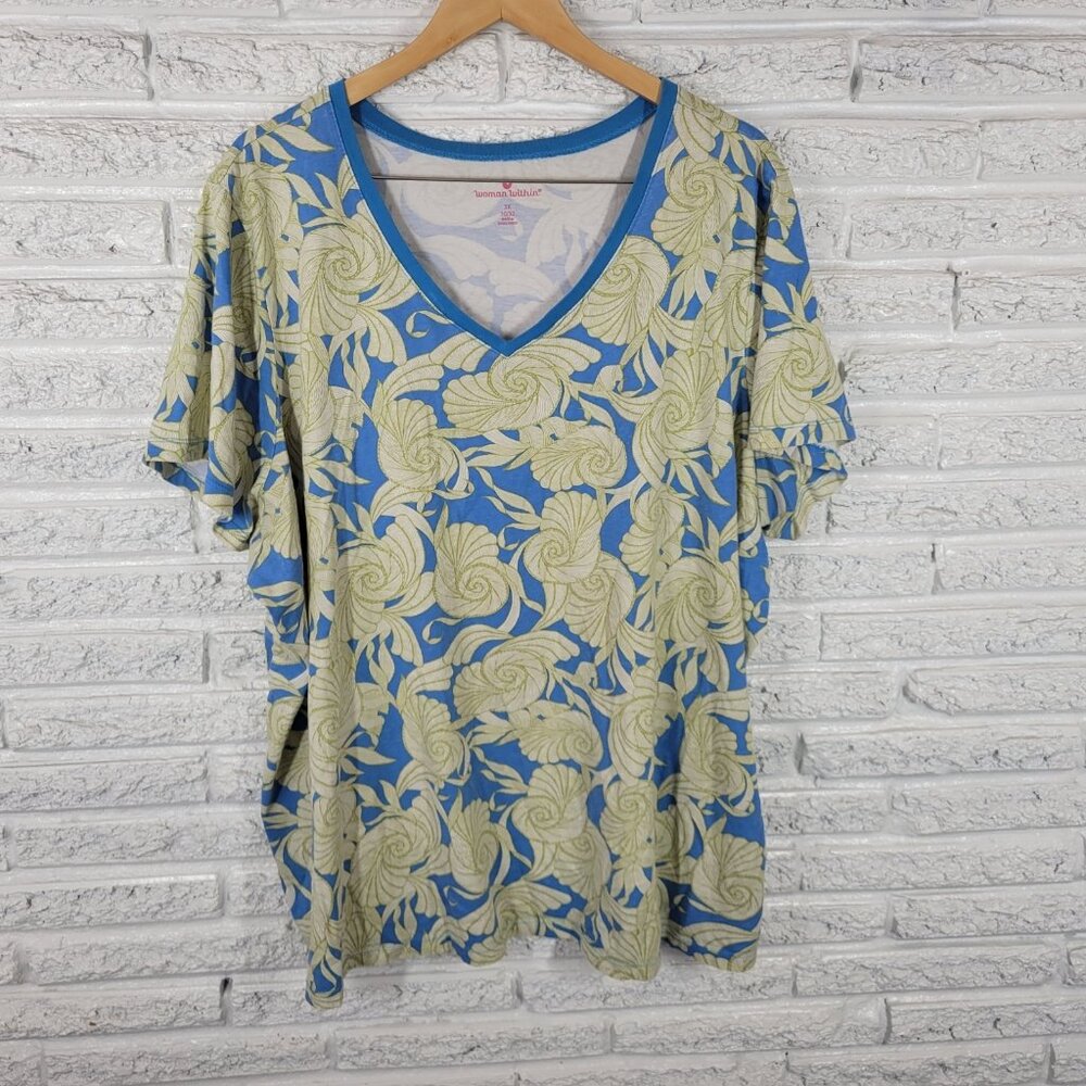 Woman Within Women Top 3X Plus Tee Short Sleeve Blue Green Nautilus Comfy C17E
